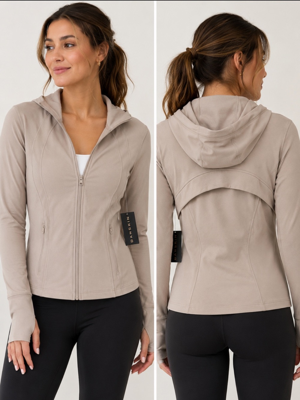 DANSKIN Winter Tech Hooded Jacket XS NWT Beige Athleisure Thumbhole Zip Up